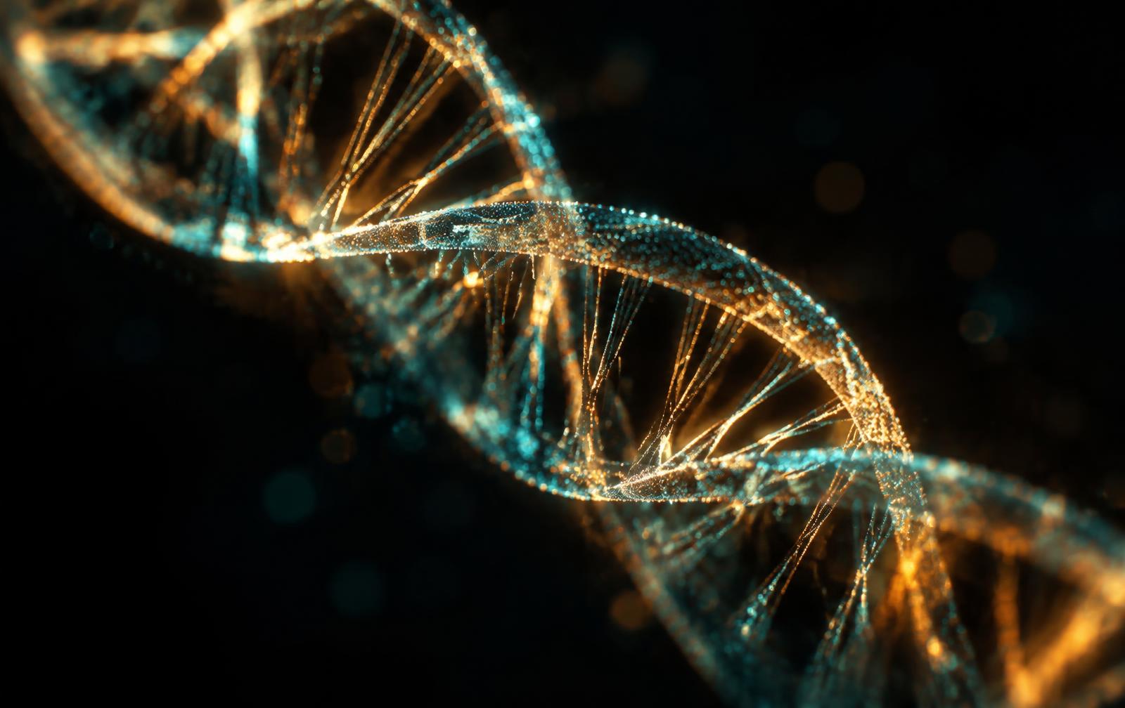 Amber and teal DNA double helix